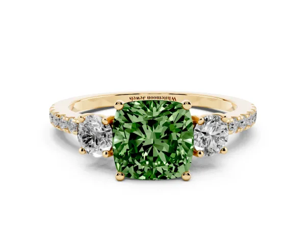 Fancy Green Three-Stone Cushion Cut Cut Diamond Pavé Band with Prong Setting Yellow gold