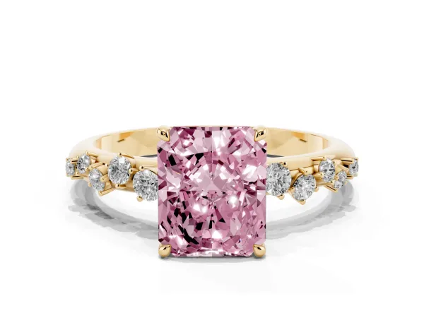 Fancy Pink Radiant Cut Diamond Cluster Prong-Set Solitaire Ring Yellow gold