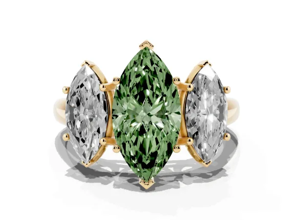 Fancy Green Three-Stone Marquise Cut Diamond Engagement Ring with Prong Setting Yellow gold