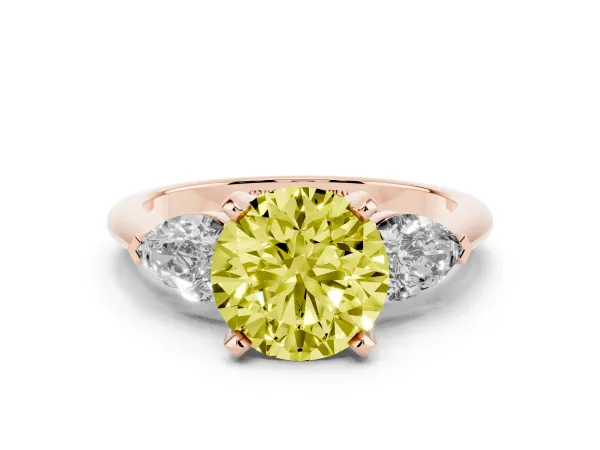 Fancy Yellow Three-Stone Round Cut Diamond Ring with Pear Side Stones and Four-Prong Setting Rose gold