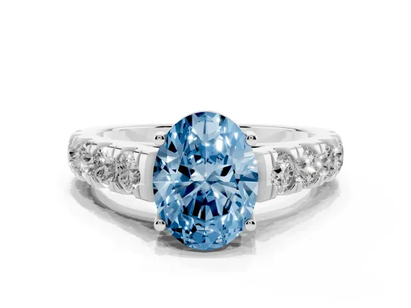 Fancy Blue Oval Cut Cut Diamond Solitaire Ring with Micro Pave Band and Prong Setting Platinum