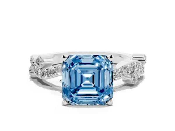 Fancy Blue Asscher Cut Cut Solitaire Diamond Twisted Band with Pave Setting Platinum