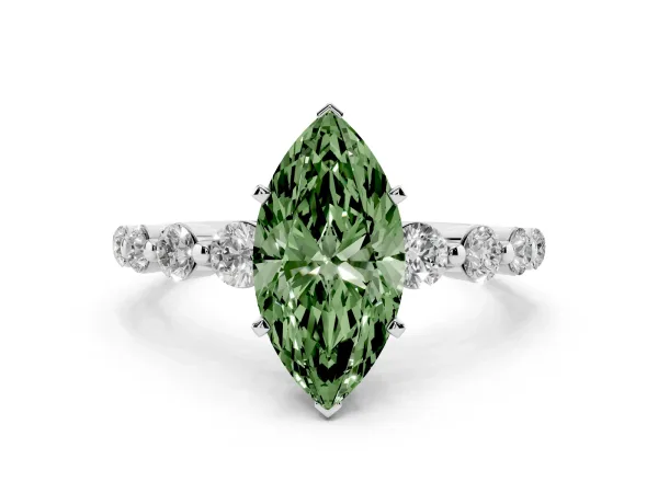Fancy Green Marquise Cut Solitaire Diamond Ring with Pave Band and Four-Prong Setting Platinum