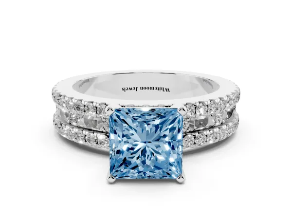 Fancy Blue Princess Cut Diamond Solitaire Ring with Pavé and Channel Set Band Platinum