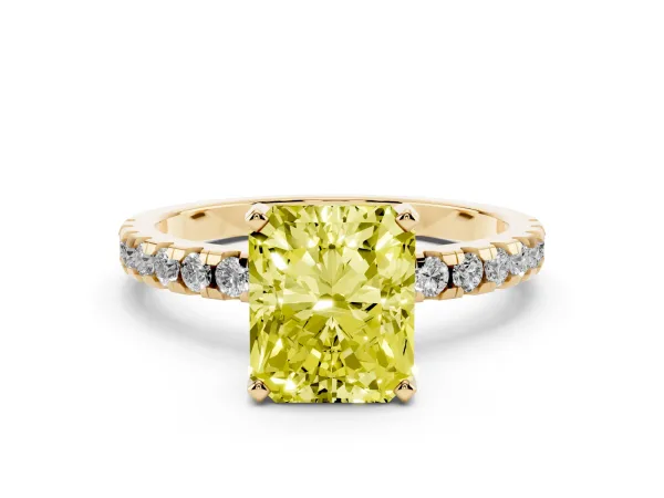 Fancy Yellow Radiant Cut Diamond Solitaire Ring with Round Pavé Band and Four-Prong Setting Yellow gold