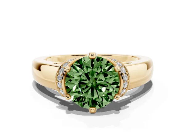 Fancy Green Round Cut Solitaire Diamond Ring with Pave Band and Six-Prong Setting Yellow gold