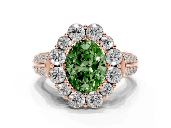 Fancy Green Oval Cut Halo Diamond Engagement Ring with Split Shank and Prong Setting Rose gold