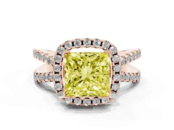 Fancy Yellow Princess Cut Diamond Halo Ring with Split Shank Pavé Band and Prong Setting Rose gold
