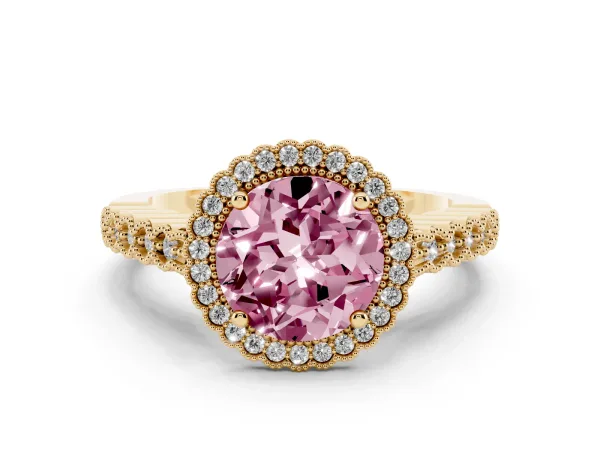Fancy Pink Round Cut Cut Halo Pavé Solitaire Ring with Milgrain Band Yellow gold