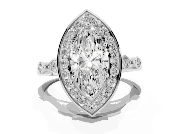 Marquise Cut Halo Diamond Engagement Ring with Twisted Band and Four-Prong Setting Platinum