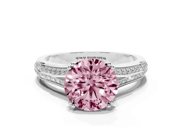 Fancy Pink Round Cut Diamond Split Shank Engagement Ring with Pavé Band Platinum