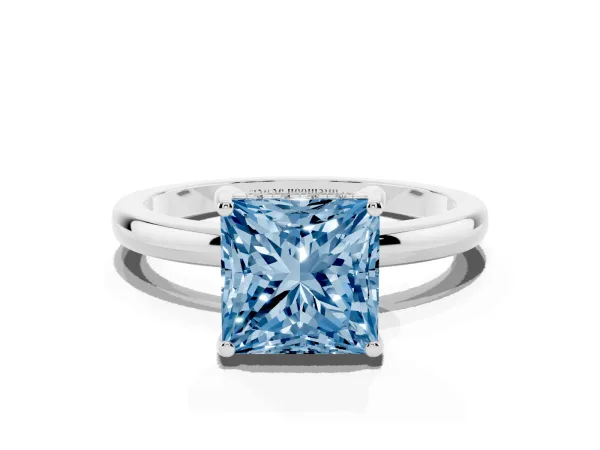 Fancy Blue Princess Cut Solitaire Diamond Ring with Prong Setting and Plain Band White gold