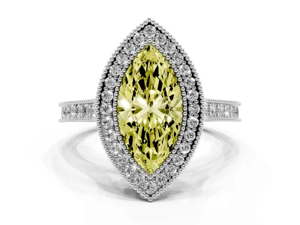 Fancy Yellow Halo Marquise Cut-Cut Diamond Pave Band Milgrain Prong Setting Ring Platinum