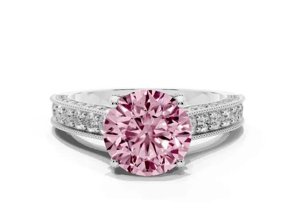 Fancy Pink Round Cut Cut Diamond Solitaire Ring with Milgrain Pave Band and Four Prong Setting Platinum