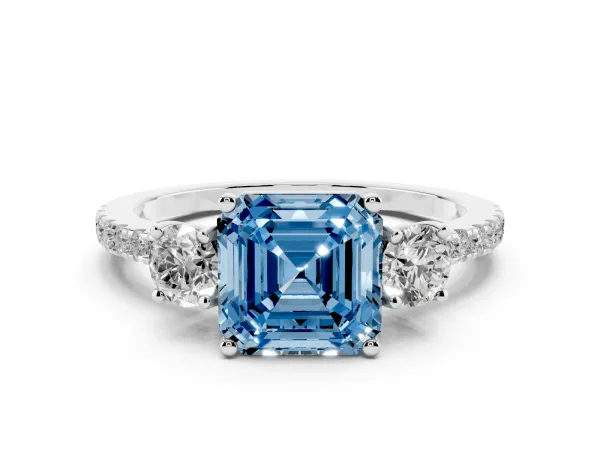 Fancy Blue Three-Stone Asscher Cut Cut Diamond Pavé Band with Prong Setting Platinum