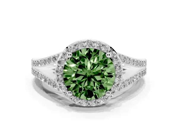 Fancy Green Round Cut Halo Split Shank Pave Diamond Ring with Four-Prong Setting White gold