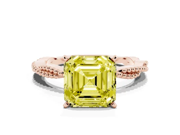 Fancy Yellow Asscher Cut Solitaire Twisted Band with Bead Prong Setting Rose gold