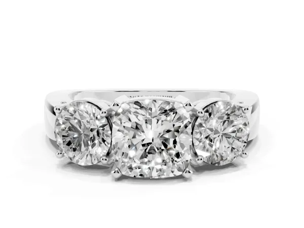 Three-Stone Cushion Cut Diamond Ring with Round Side Stones, Classic Band, and Four-Prong Setting White gold