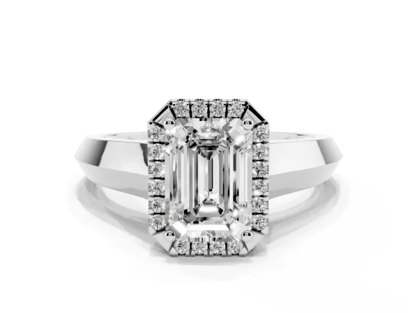 Emerald Cut Halo Diamond Ring with Cathedral Band and Four-Prong Setting Platinum