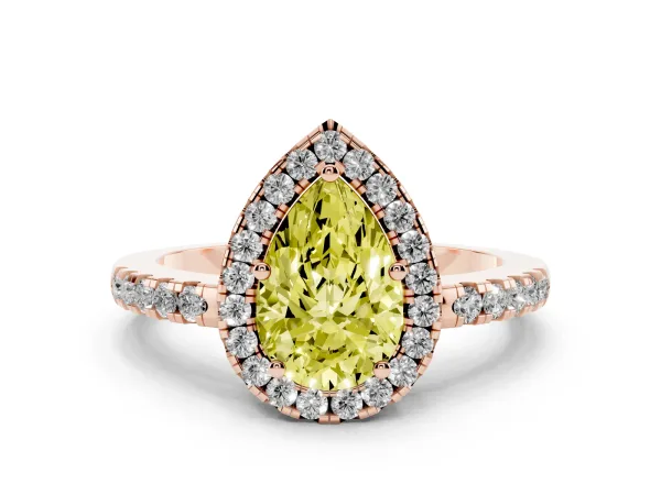 Fancy Yellow Pear Cut Halo Diamond Engagement Ring with Pavé Band and Four-Prong Setting Rose gold