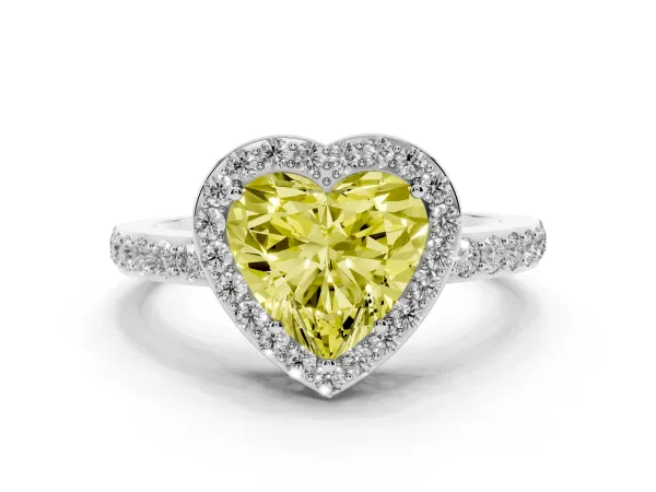 Fancy Yellow Heart Cut Halo Diamond Pavé Band Ring with Prong Setting Platinum