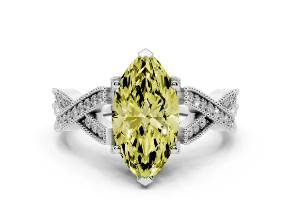 Fancy Yellow Marquise Cut Cut Diamond Twisted Band with Milgrain Pave Setting and Four-Prong Setting Platinum