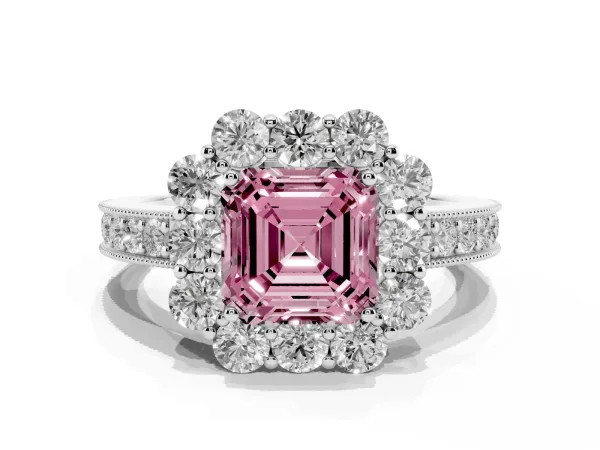 Fancy Pink Asscher Cut Cut Halo Diamond Pavé Engagement Ring with Milgrain Detailing Platinum