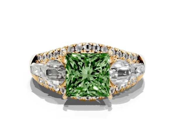 Fancy Green Three-Stone Princess Cut Diamond Engagement Ring with Pave Band and Prong Setting Yellow gold