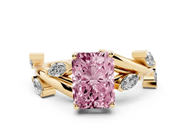 Fancy Pink Radiant Cut Solitaire Twisted Band Marquise Accent Prong Setting Ring Yellow gold