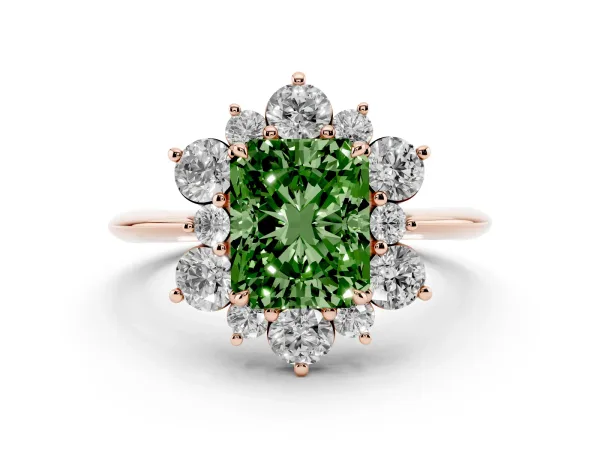 Fancy Green Radiant Cut Diamond Cluster Halo Ring with Solitaire Band and Four-Prong Setting Rose gold