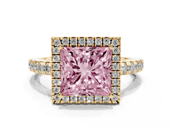 Fancy Pink Princess Cut Diamond Halo Ring with Pavé Band and Four-Prong Setting Yellow gold