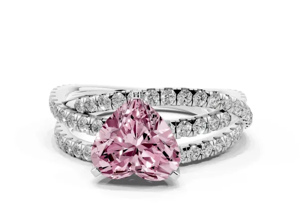 Fancy Pink Heart Cut Solitaire Twist Band with Pavé Setting and Four-Prong Setting Platinum