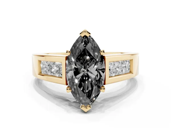 Fancy Black Marquise Cut Cut Channel Set Solitaire Ring with Four-Prong Setting Yellow gold