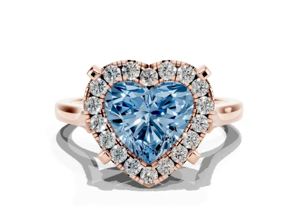 Fancy Blue Heart Cut Diamond Cluster Halo Solitaire with Four-Prong Setting Rose gold