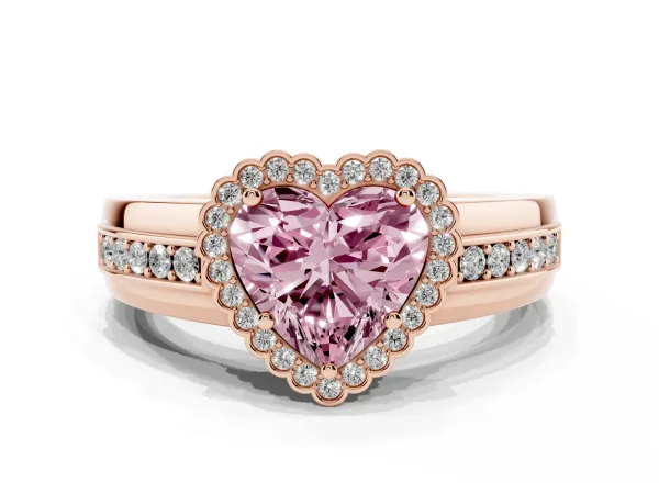 Fancy Pink Heart Cut Cut Halo Pave Band Four-Prong Ring Rose gold