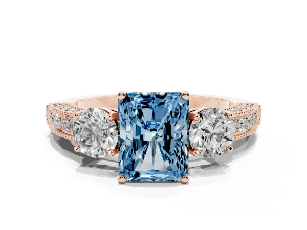 Fancy Blue Radiant Cut Three-Stone Diamond Ring with Pavé Band and Four-Prong Setting Rose gold