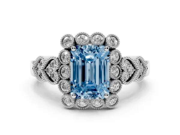 Fancy Blue Emerald Cut Brilliant Milgrain Pave Heart Band Solitaire Ring Platinum
