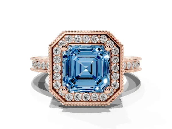 Fancy Blue Asscher Cut Diamond Milgrain Halo Engagement Ring with Round Pavé Band and Prong Setting Rose gold