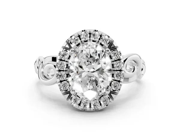 Oval Cut Cut Halo Diamond Ring with Scrollwork Band and Four-Prong Setting Platinum