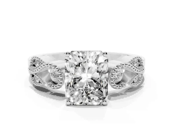 Radiant Cut Solitaire Milgrain Leaf Band with Prong Setting Platinum