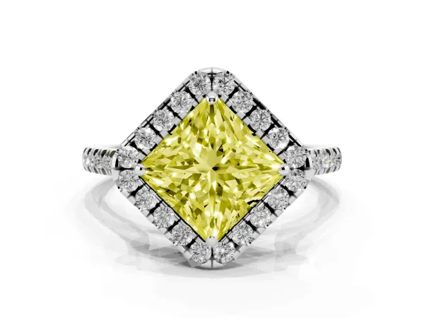 Fancy Yellow Princess Cut Diamond Cushion Halo Ring with Pavé Band Platinum
