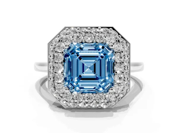 Fancy Blue Asscher Cut Halo Diamond Engagement Ring with Solitaire Band and Four-Prong Setting White gold