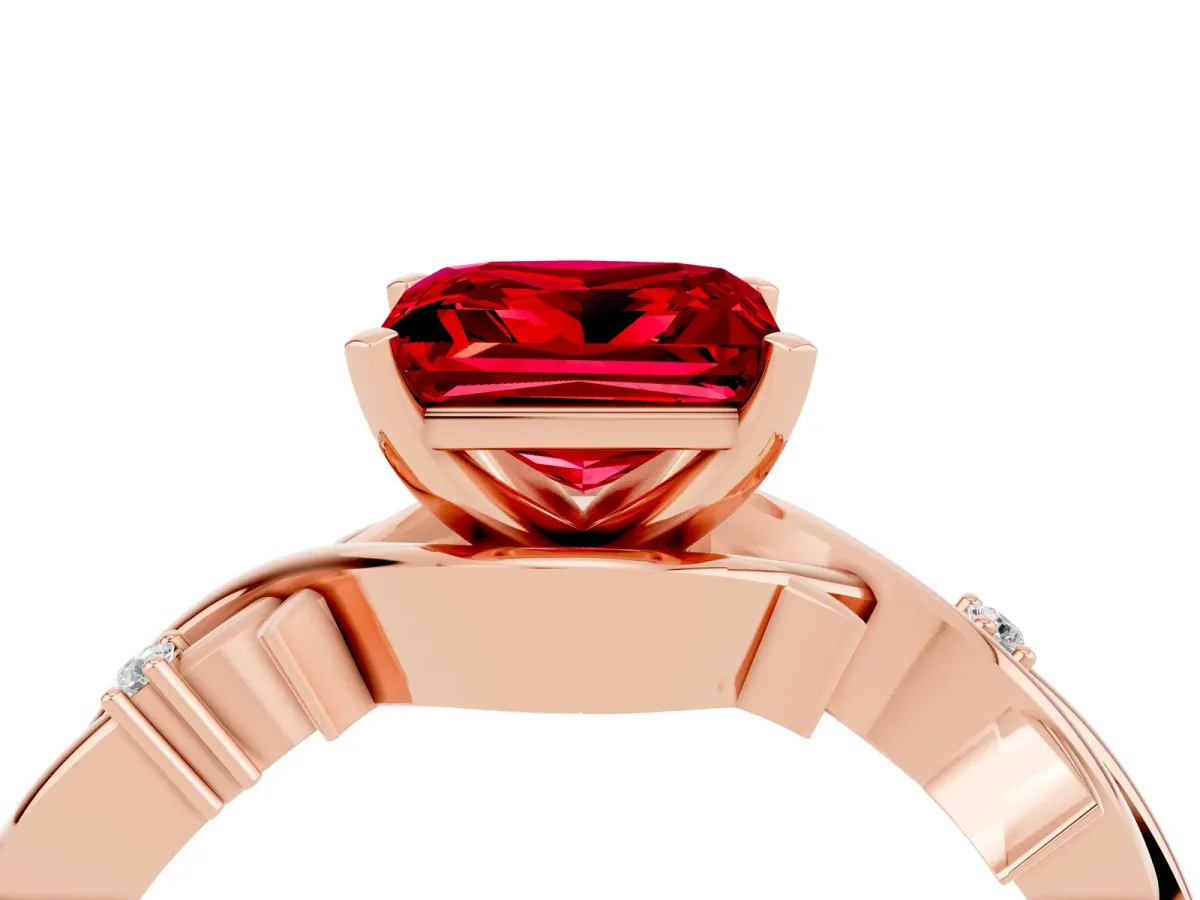 Princess Cut Ruby Solitaire Ring with Twisted Band and Prong Setting Rose gold