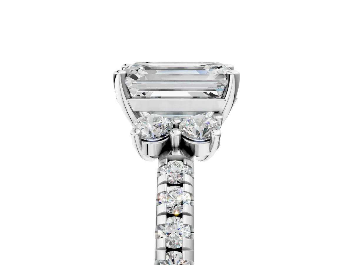 Emerald Cut Diamond Three-Stone Pave Band with Four-Prong Setting Silver