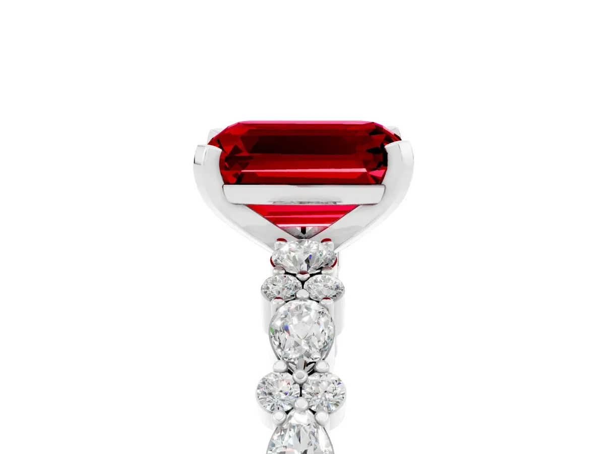 Emerald Cut Ruby Side Stone Solitaire Ring with Round and Four-Prong Setting Silver