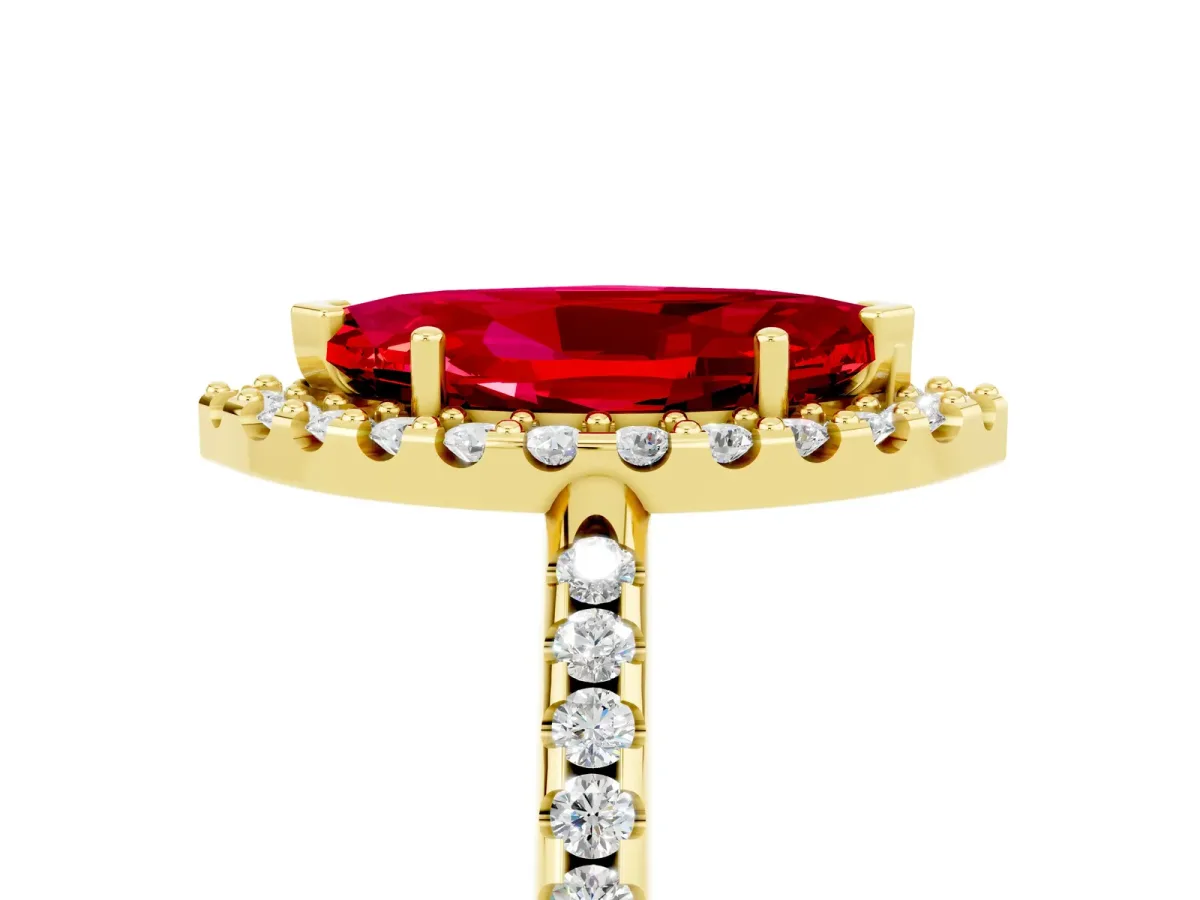 Marquise Cut Ruby Pavé Halo Ring with Four-Prong Setting Yellow gold
