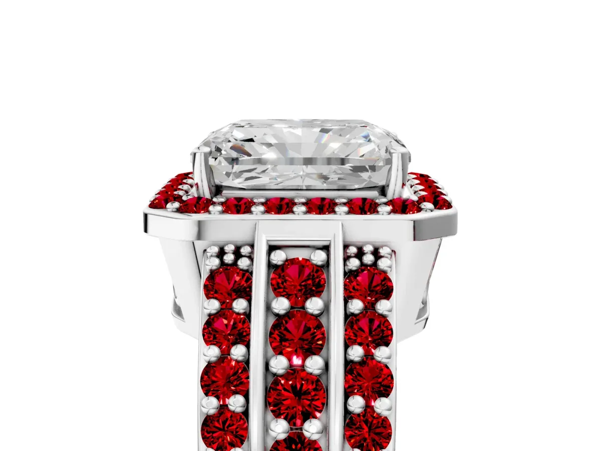 Radiant Cut Halo Diamond Ring with Round Ruby Split Shank and Prong Setting White gold