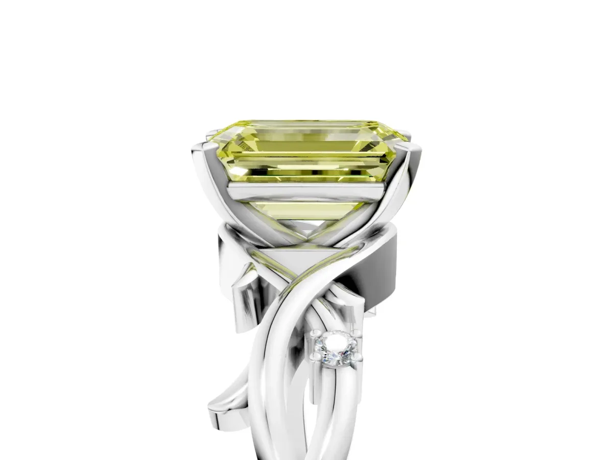 Fancy Yellow Emerald Cut Diamond Solitaire Ring with Twisted Band and Prong Setting Silver