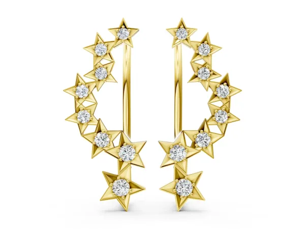 Star Cluster Diamond Crescent Earrings with Round Cut Stones on a Curved Band and Prong Setting Yellow gold