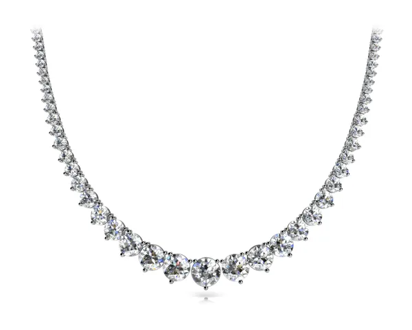 Round Cut Brilliant Graduated Diamond Tennis Necklace with Four-Prong Setting White gold